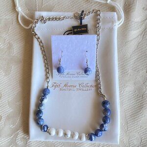 FAC Fifth Avenue Genuine Sodalite Howlite Gemstone Necklace & Earrings​ Set Blue